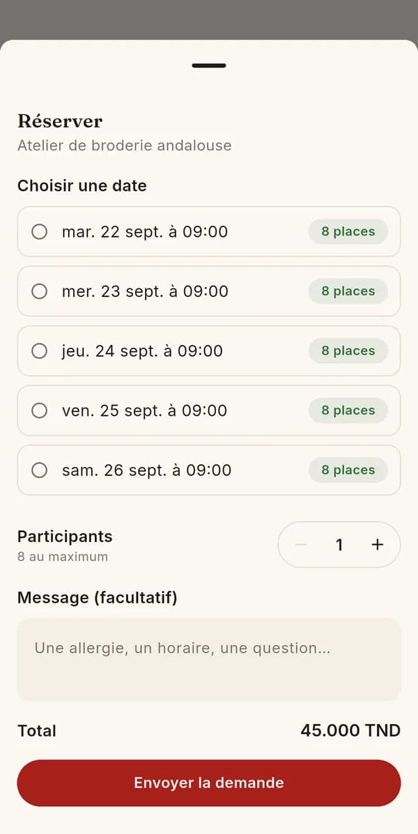 Capture de l'application Guid'Up : la réservation d'un atelier de broderie andalouse